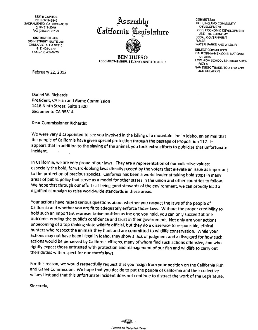 Letter from State Assembly to Dan Richards